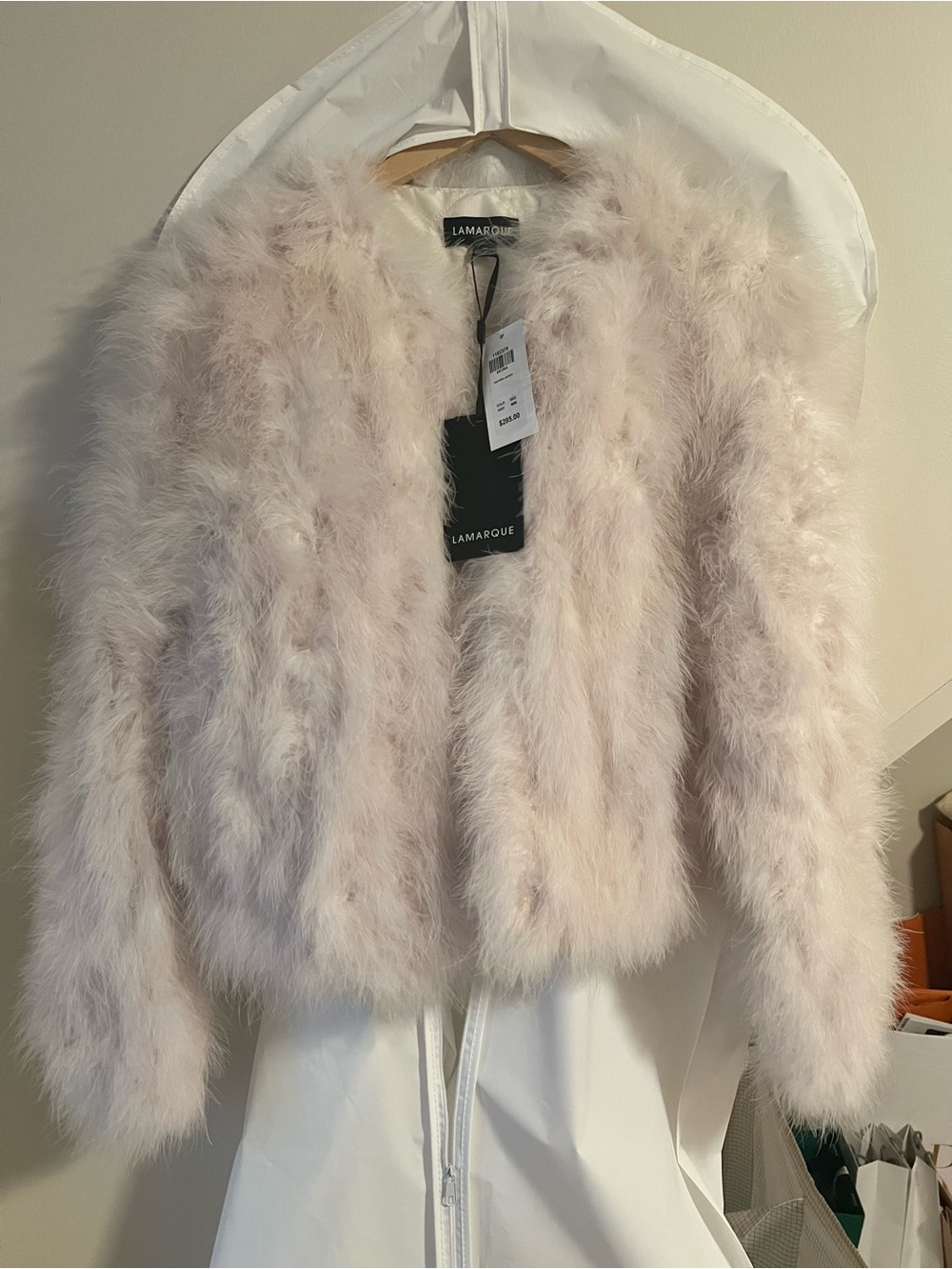 Brand New Lamarque Pale Blush Feathered Faux-Fur Jacket